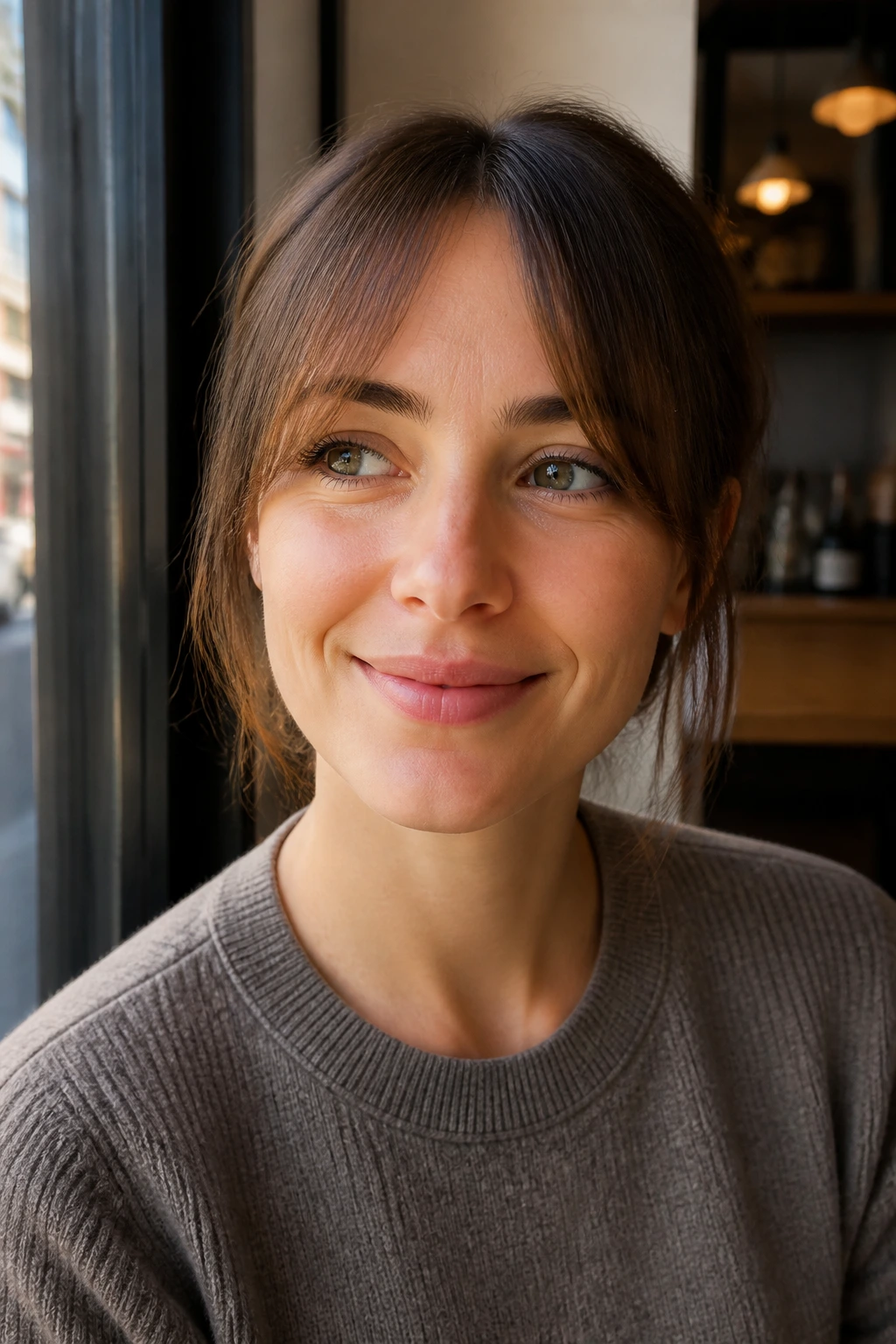 Close-up of a real woman with a center-opening split fringe in daylight