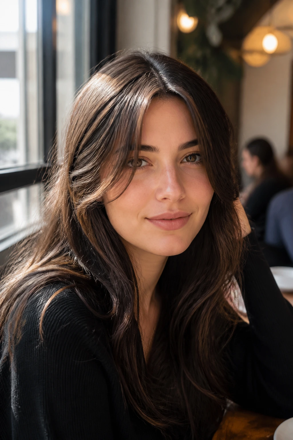 Portrait of a real woman with a center-parted split fringe