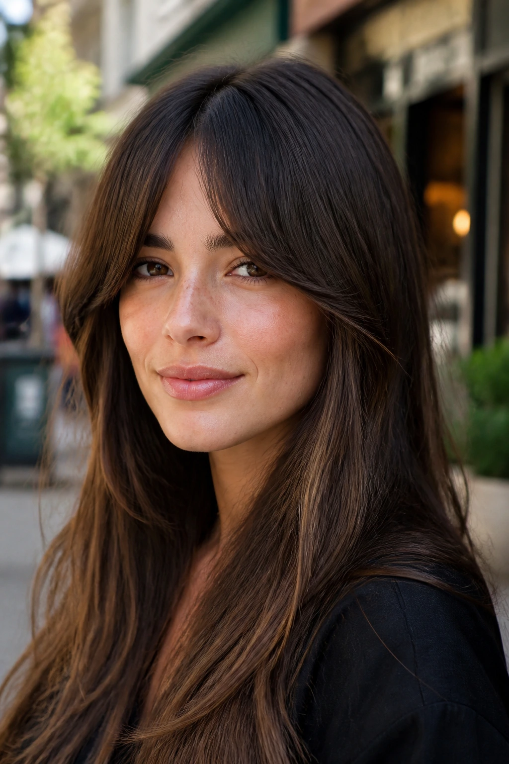 Close-up of a real person with a center-part split fringe framing the face