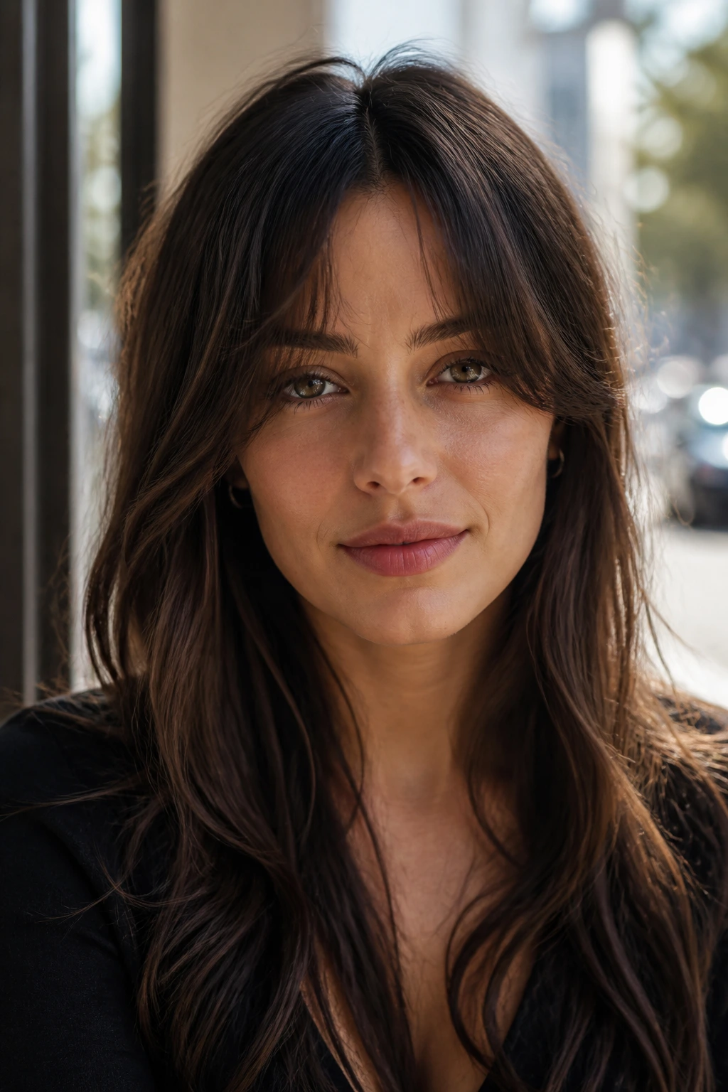 Close-up of a real woman with a center-part split fringe framing her face