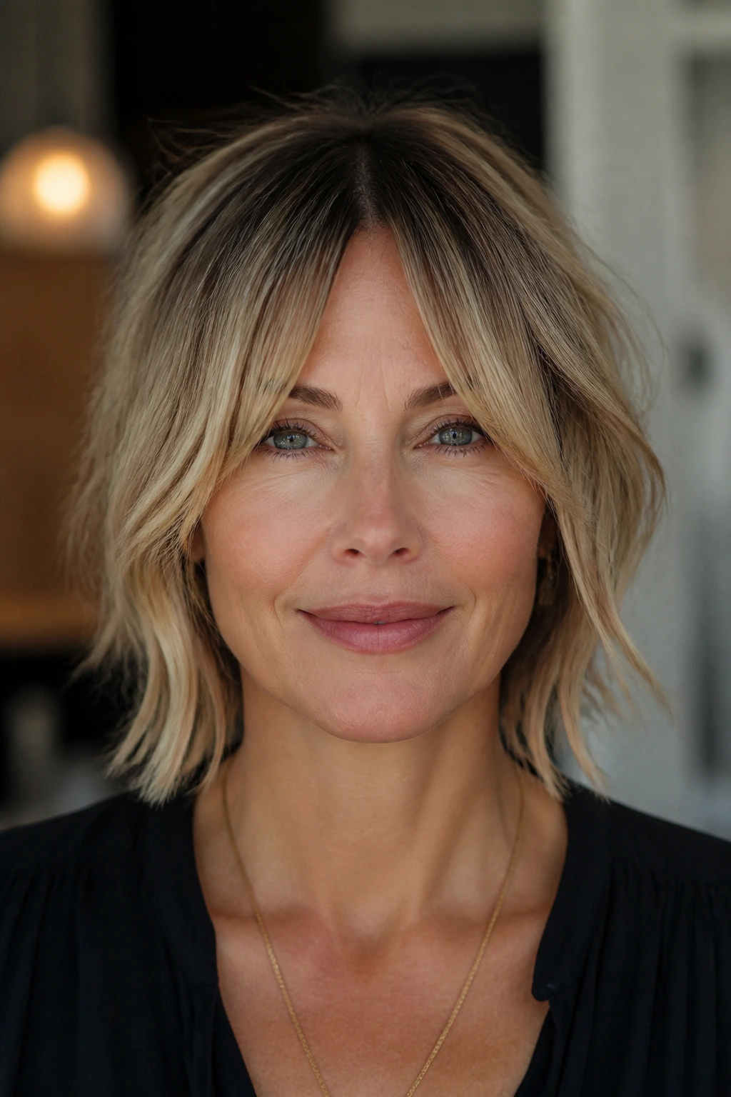 Close-up portrait of a real person with a center-split fringe showing an intentional gap
