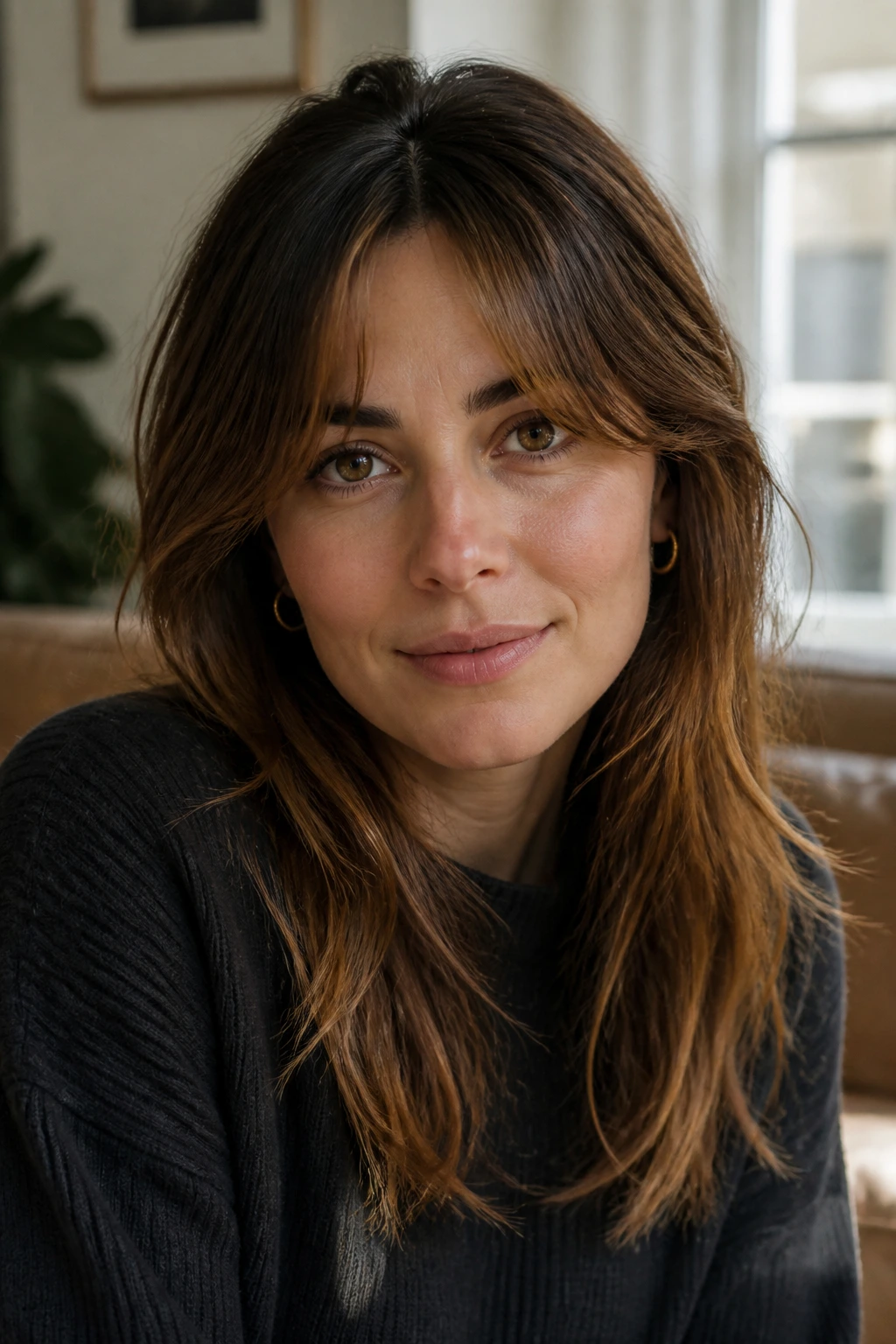 Portrait of a woman with split fringe and cowlick-friendly style in a cozy room