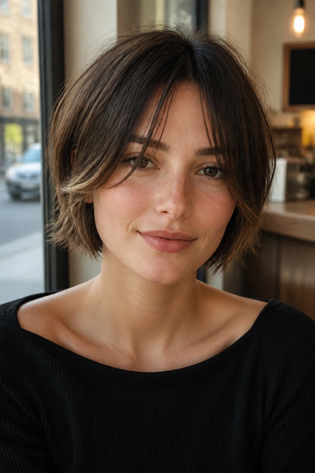Close-up of split fringe with face-frame peeks on a real person