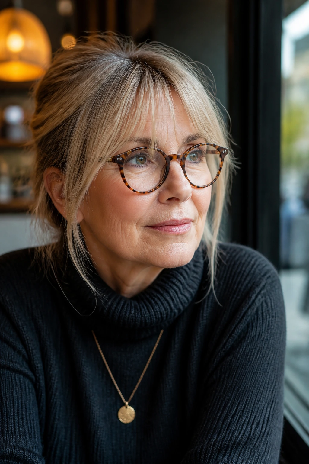 Woman with center-parted wispy fringe and glasses at a cafe window.