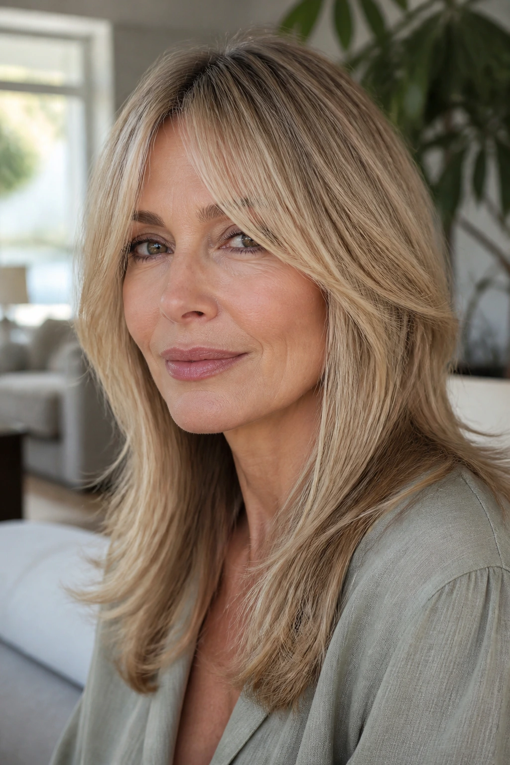 Portrait of a woman with a split fringe and long layers in a sunlit living room