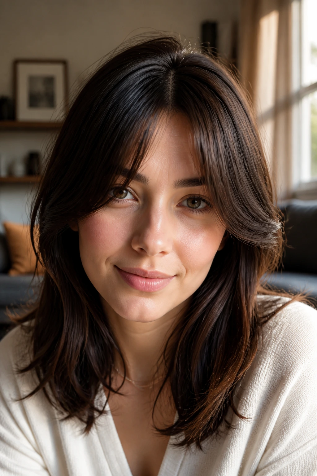 Close-up of a real woman with split fringe that opens in the middle, soft center-parted bangs