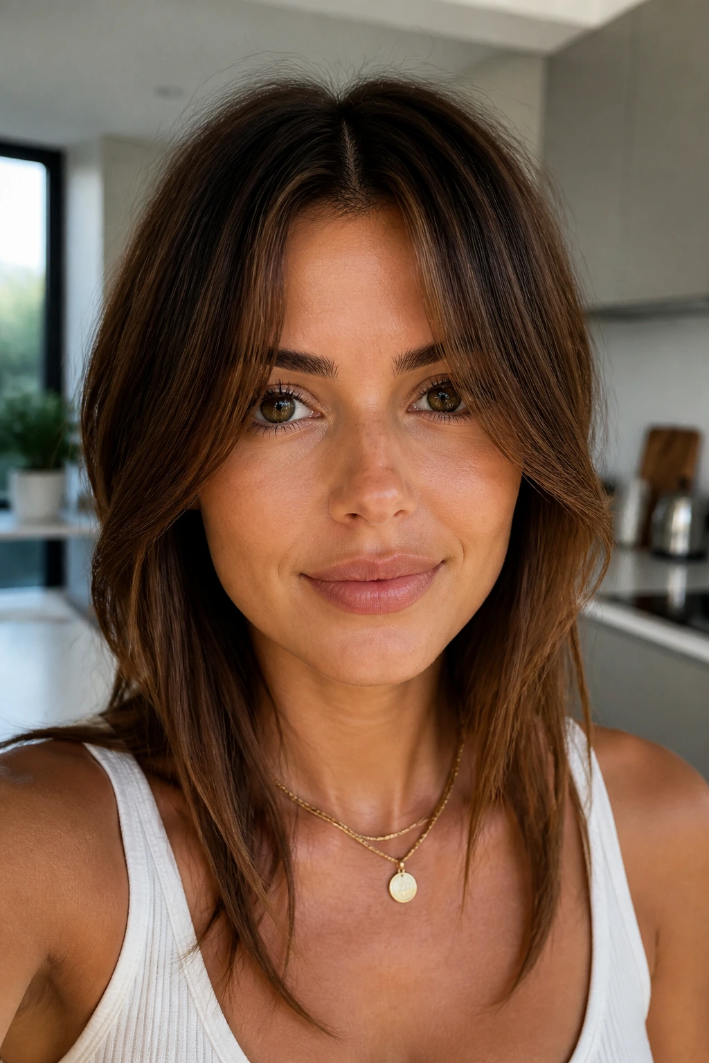 Close-up of a real woman with a middle-split fringe