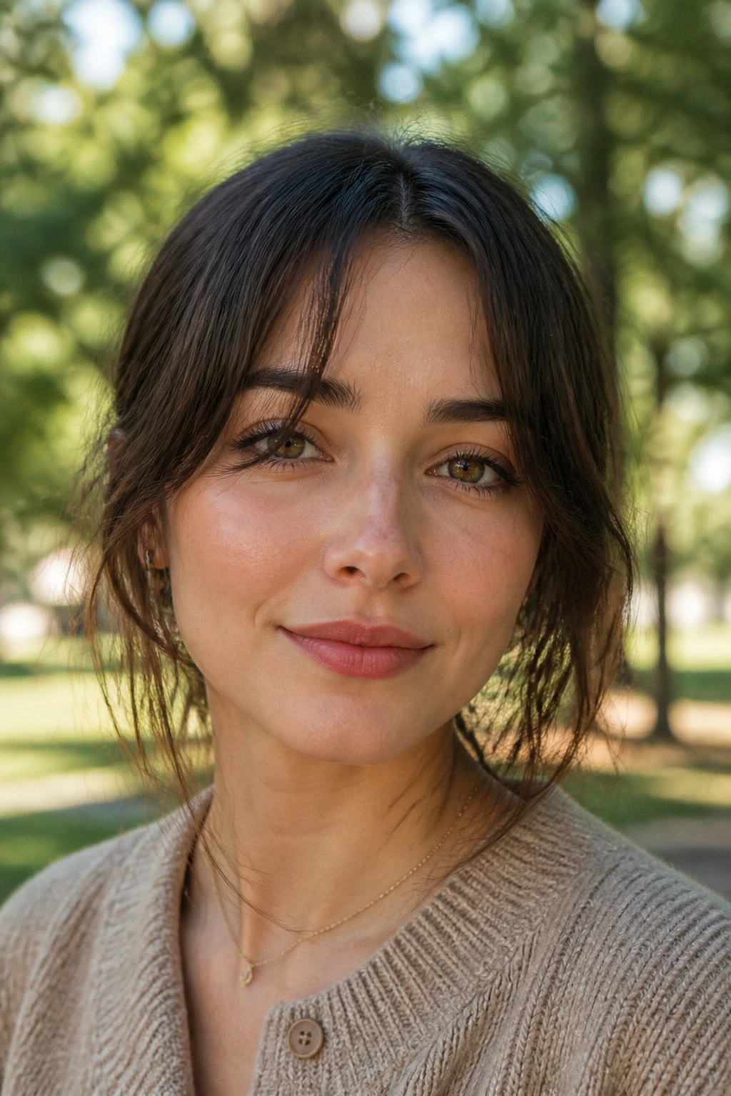 Close-up portrait of a real woman with split fringe in a sunlit park