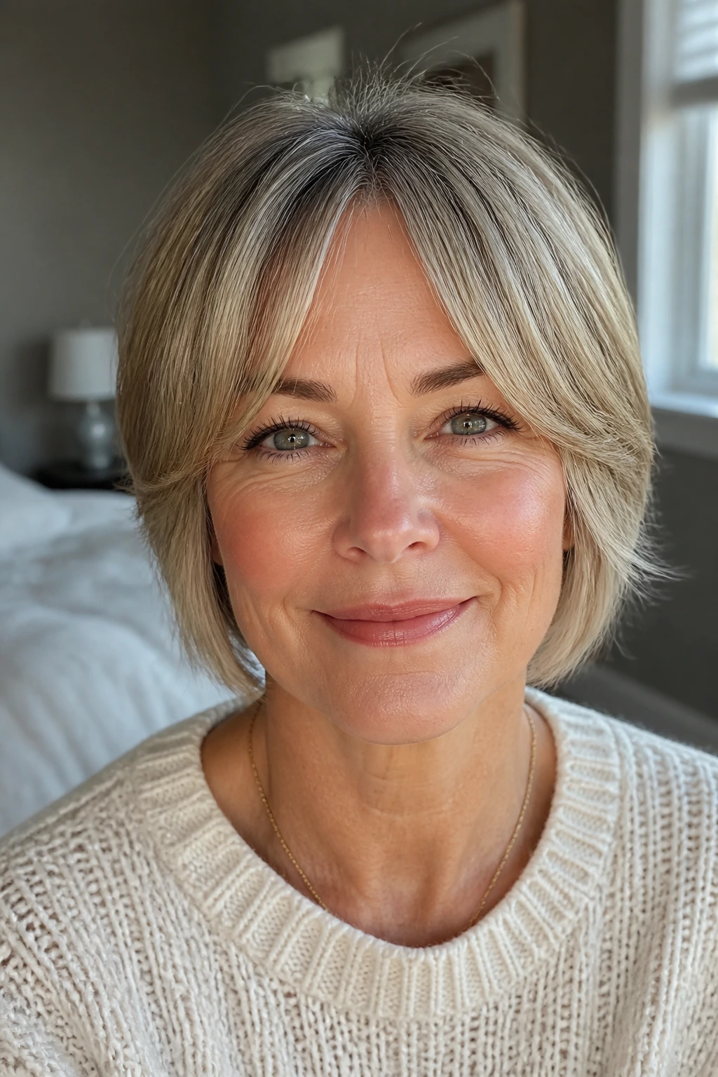 Close-up portrait of a real woman with split fringe hairstyle.