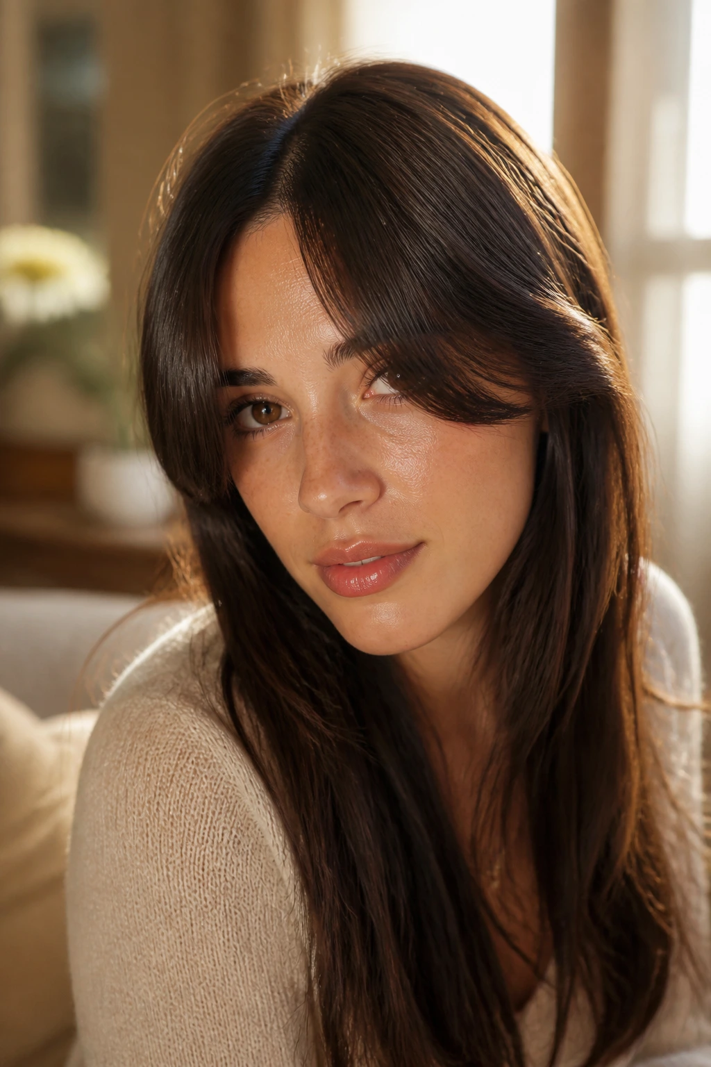 Real woman with split fringe two front sections in a cozy room