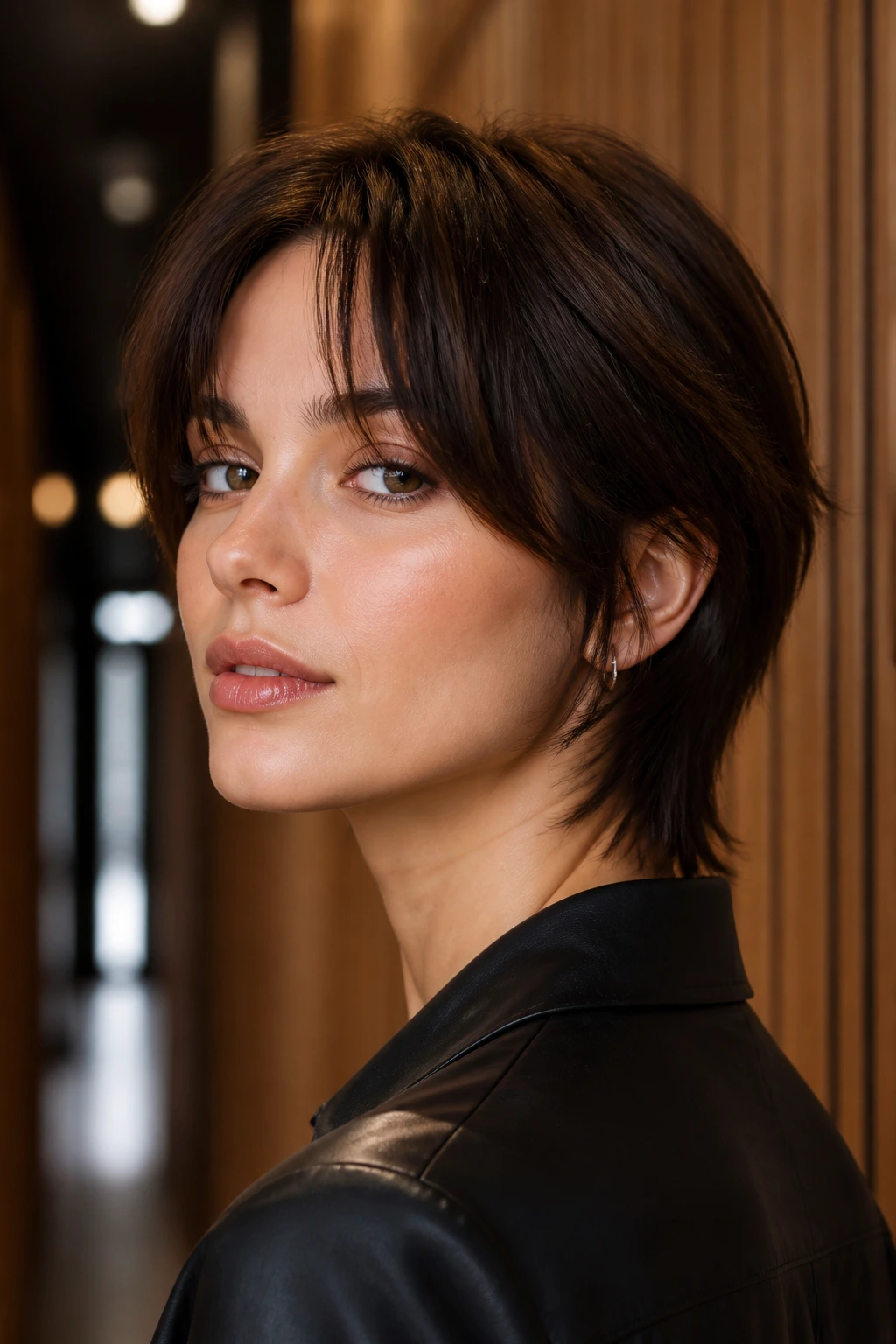 Close-up portrait of a real woman with split fringe shag and tapered nape in a stylish hallway