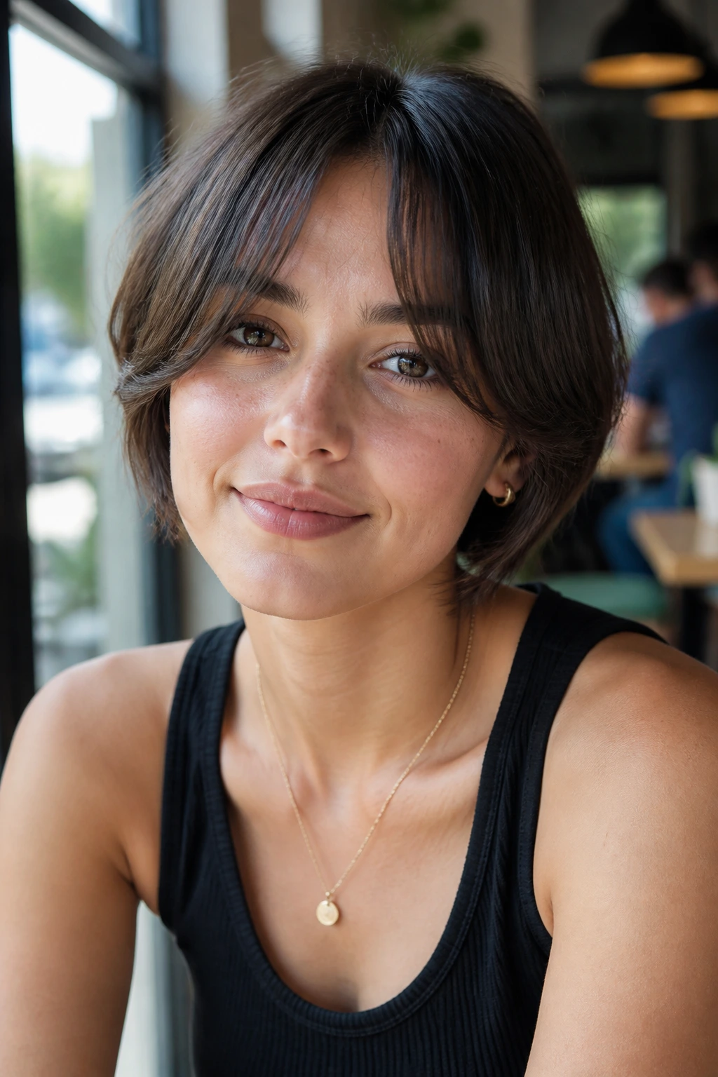 Close-up of a real woman with split fringe and short layers in cafe window light