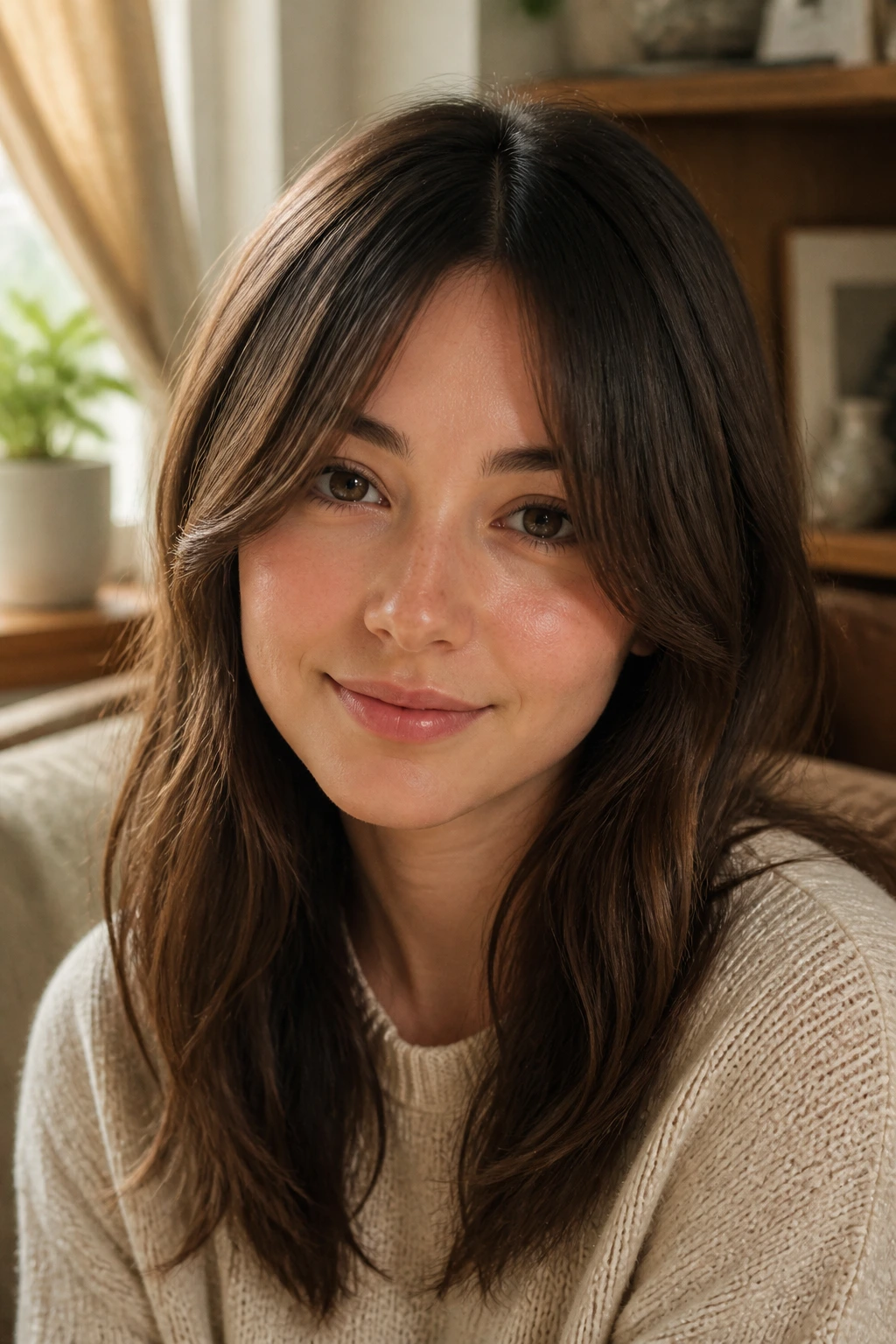 Real person with softly split fringe framing the face for a softer look.