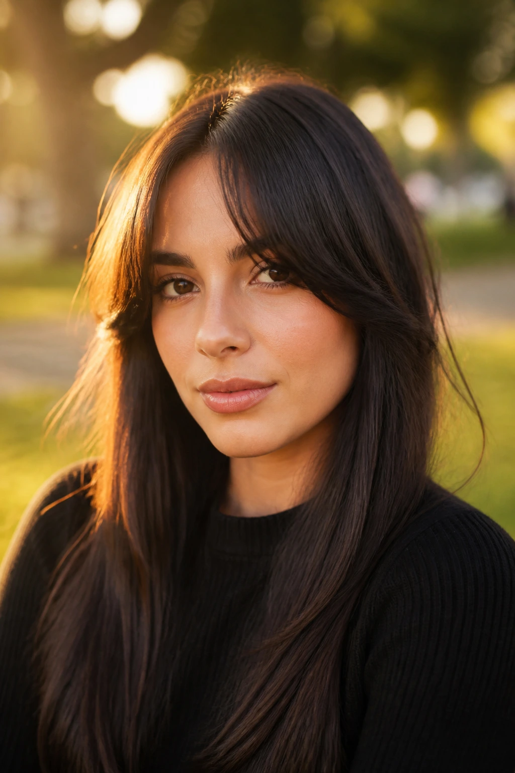 Close-up of a real woman with a center-split fringe and tapered edges in a park glow
