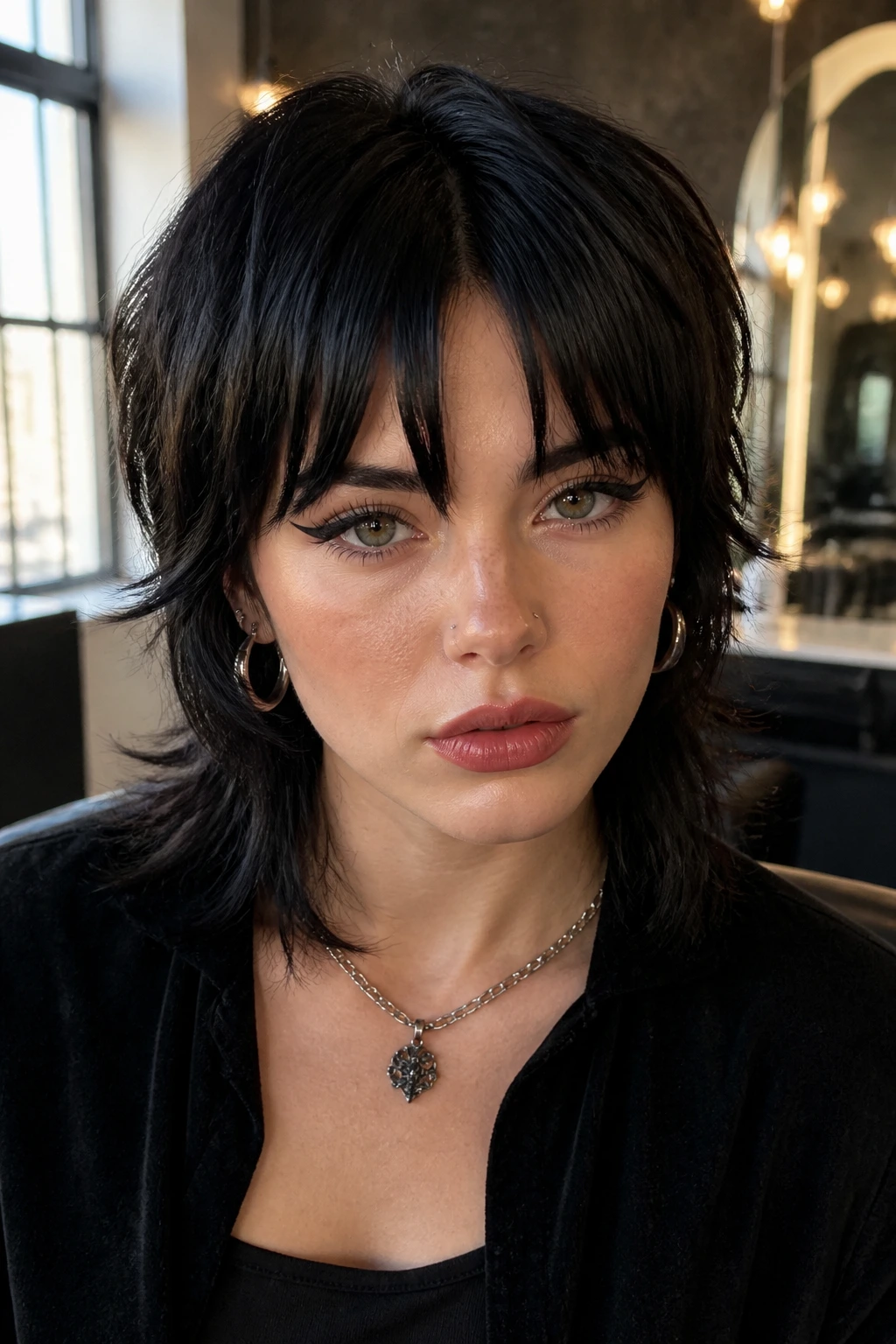 Close-up portrait showing split fringe on a short wolf cut on dark hair