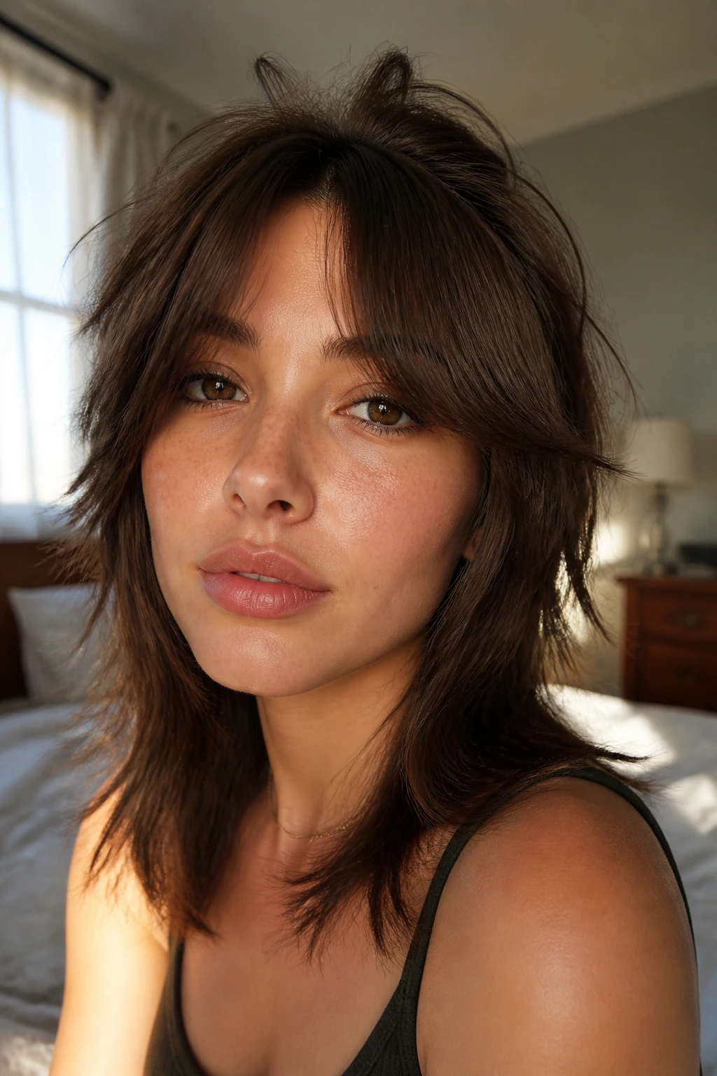 Close-up of real person with split fringe and wolf-cut texture in a cozy bedroom