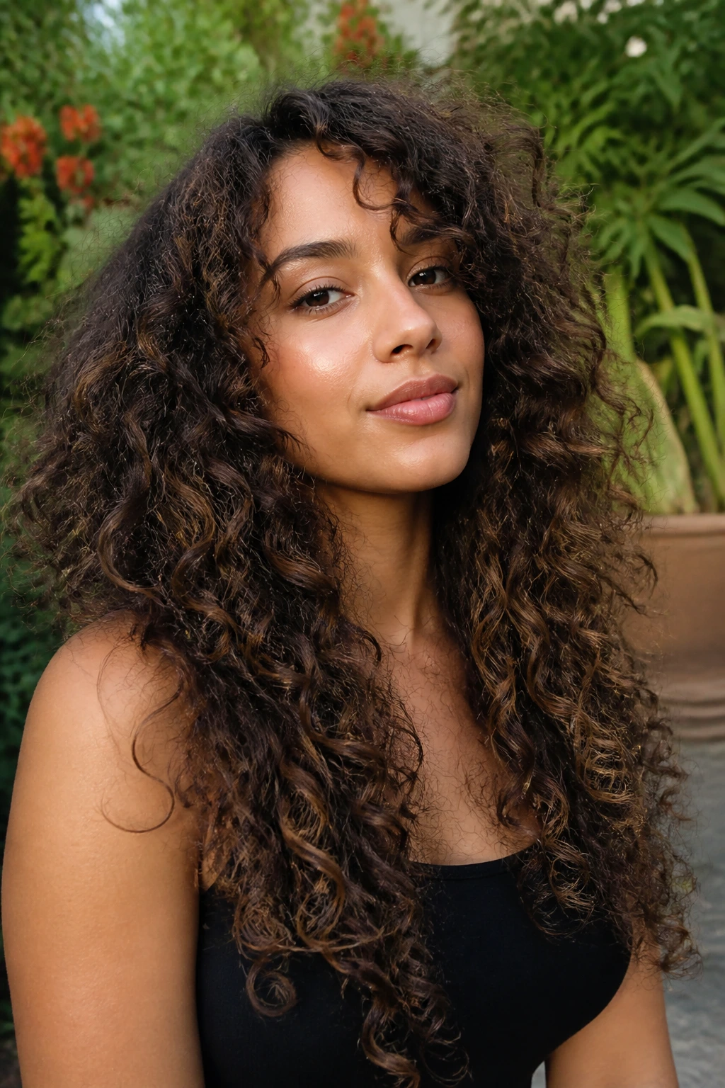 Close-up portrait of a real person with split-level layers on dense curls