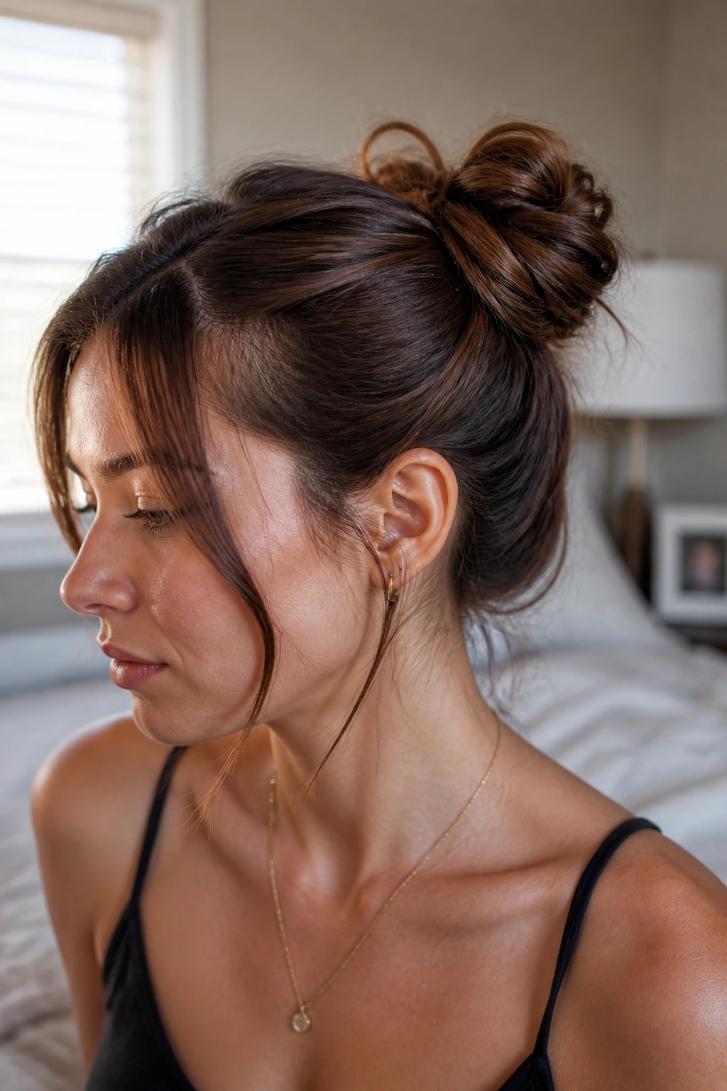 Close-up of a real woman with a split-section bun in a softly lit bedroom.