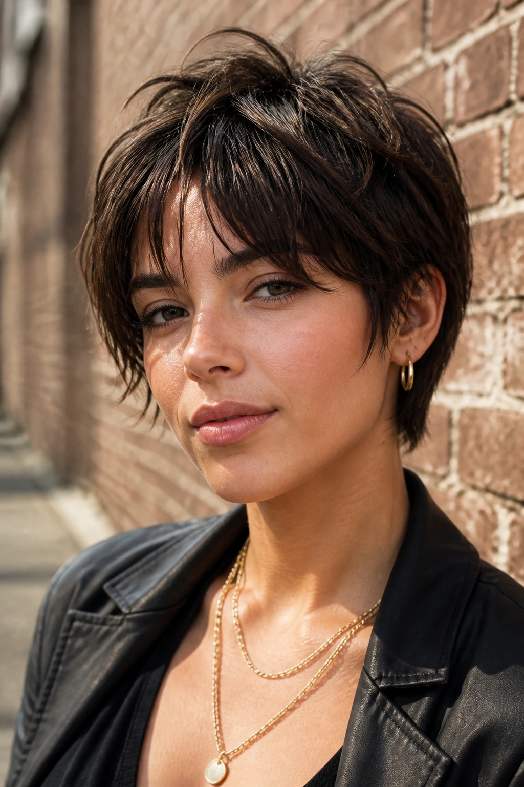 Close-up of a woman with a pixie shag and center-split wisps fringe