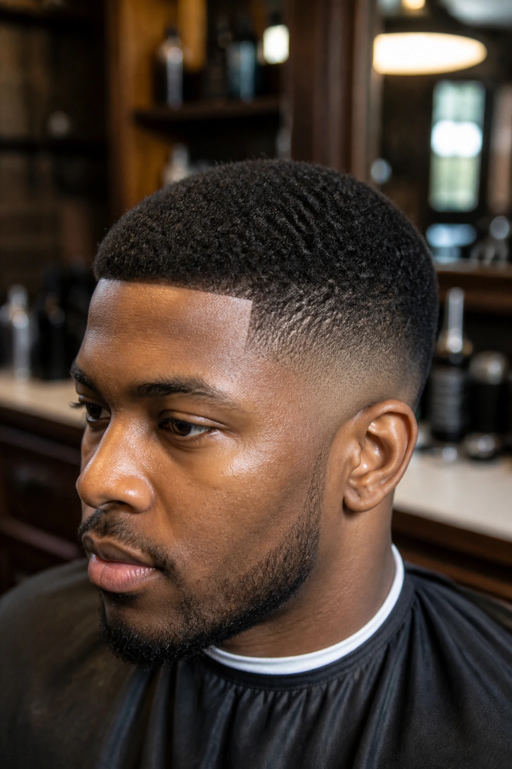 Close-up portrait of a real Black man with a sponge-brush buzz hairstyle in a barbershop.