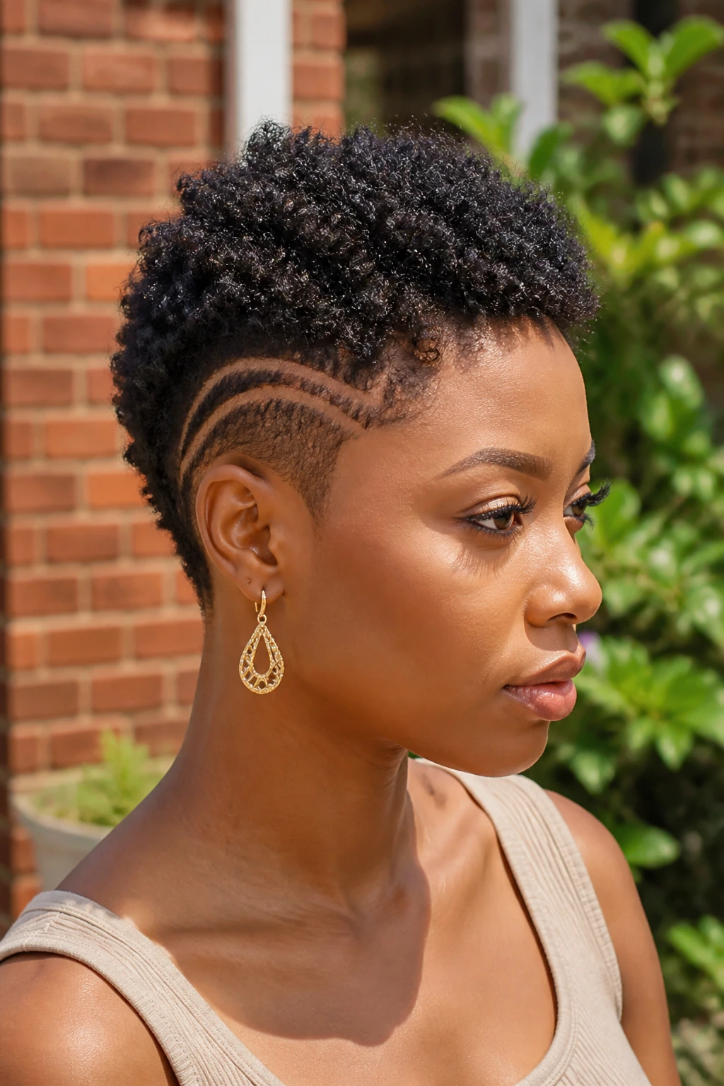Real Black woman with sponge coil crop and curved shaved lines outdoors