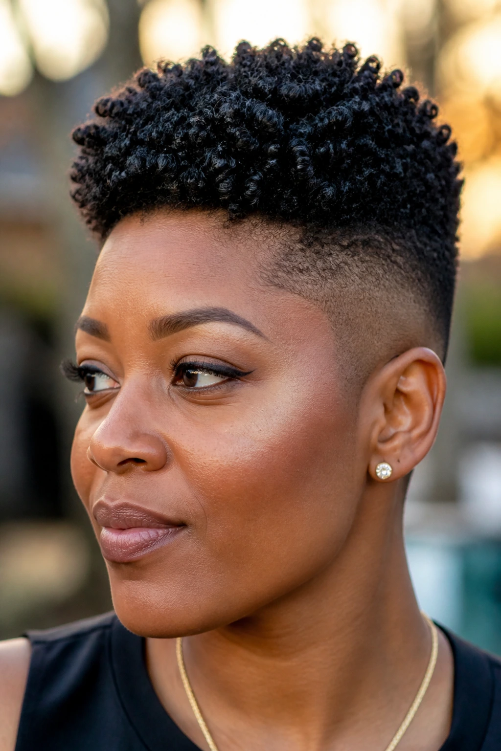 Close-up of a Black woman with sponge-coil high top fade outdoors