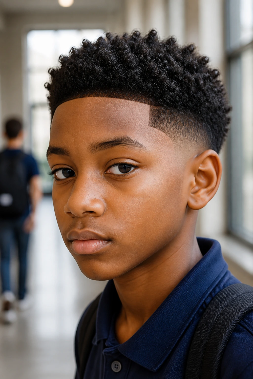 Close-up portrait of a real boy with a sponge-coiled top haircut