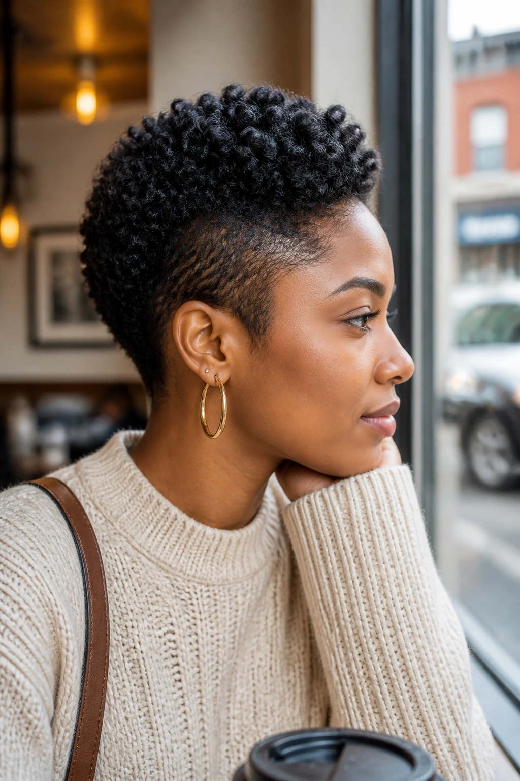 Close-up of a real Black woman with sponge curls styled into a hawk, sides low and neat.