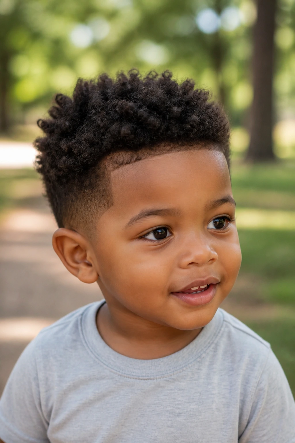 Toddler with sponge-curled top hairstyle in park setting