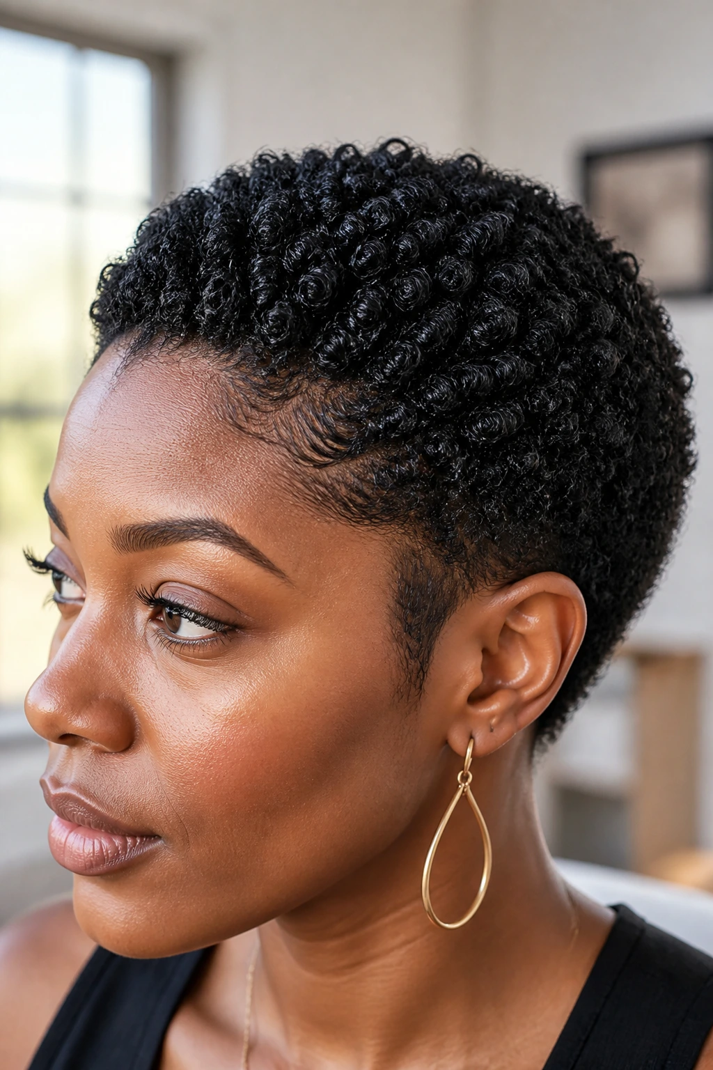 Close-up of a real person with sponge-defined coils on short hair in a bright home setting