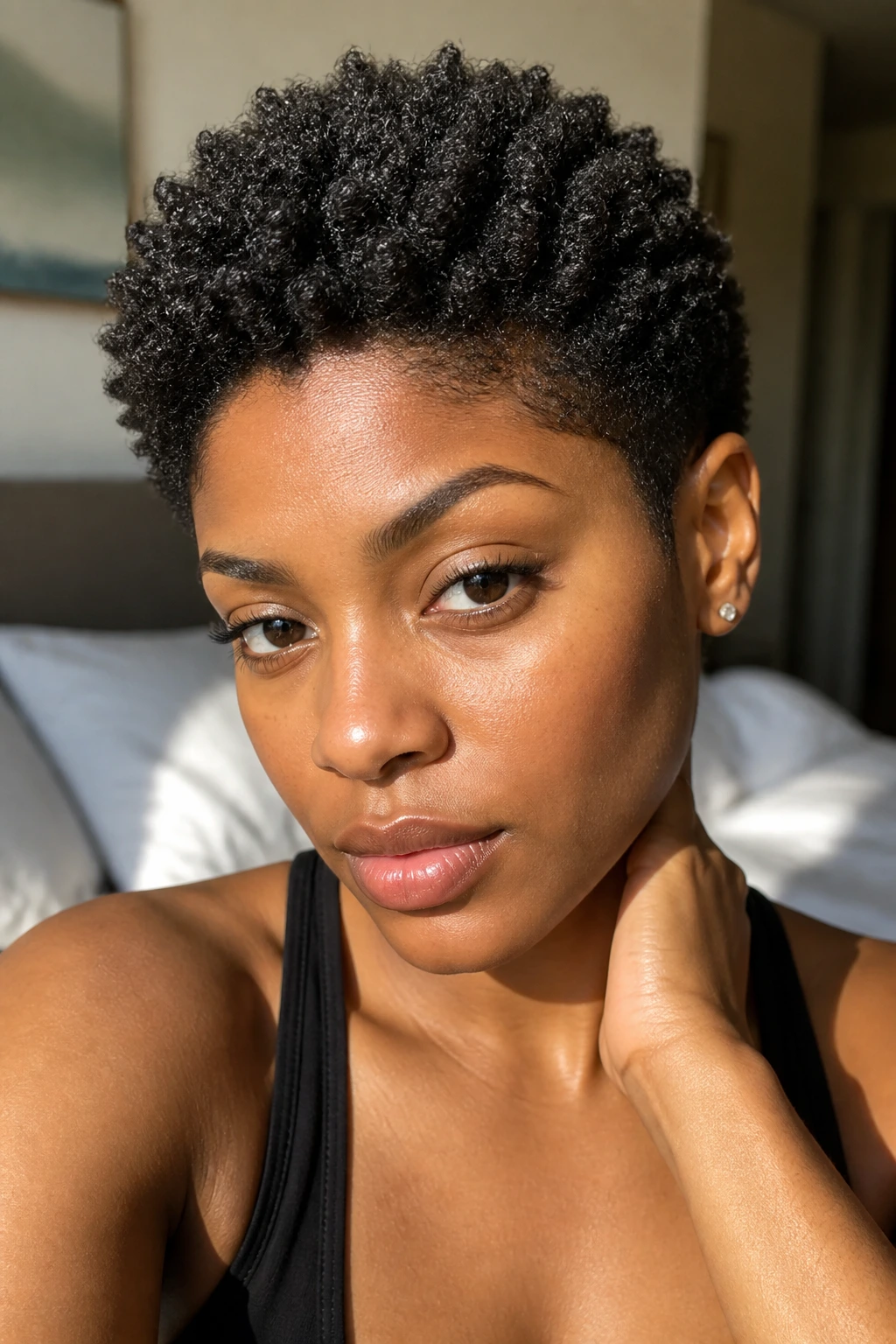 Close-up of a real Black woman with a sponge-defined curl crop in natural window light