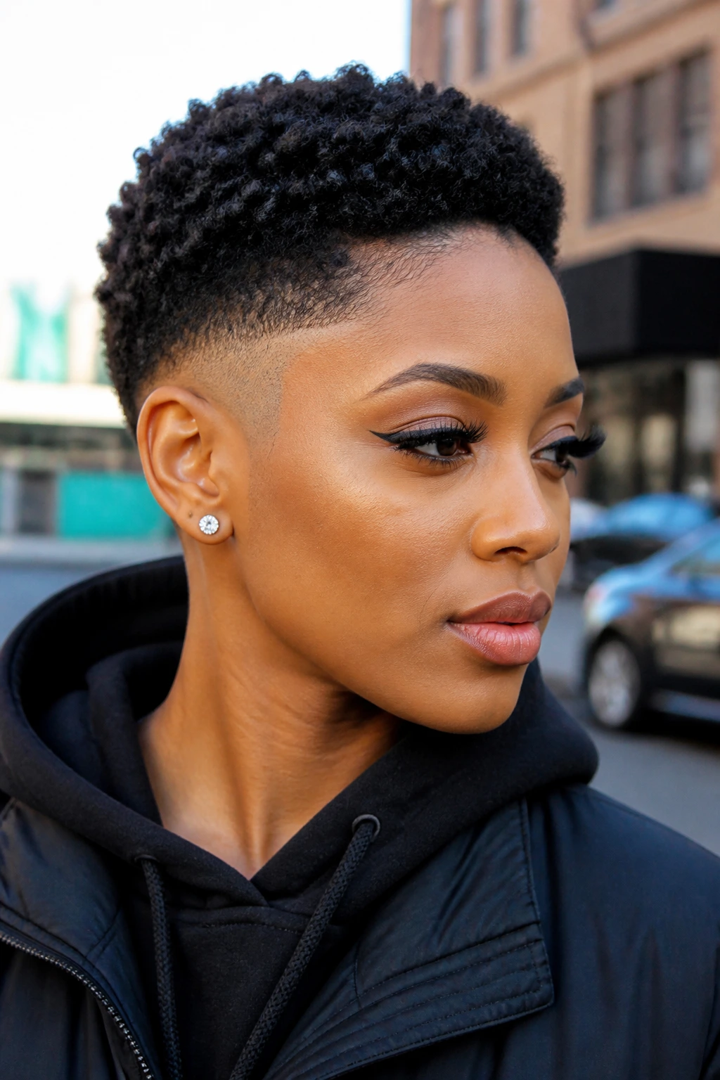 Close-up of a real woman with sponge-defined fade on short curls