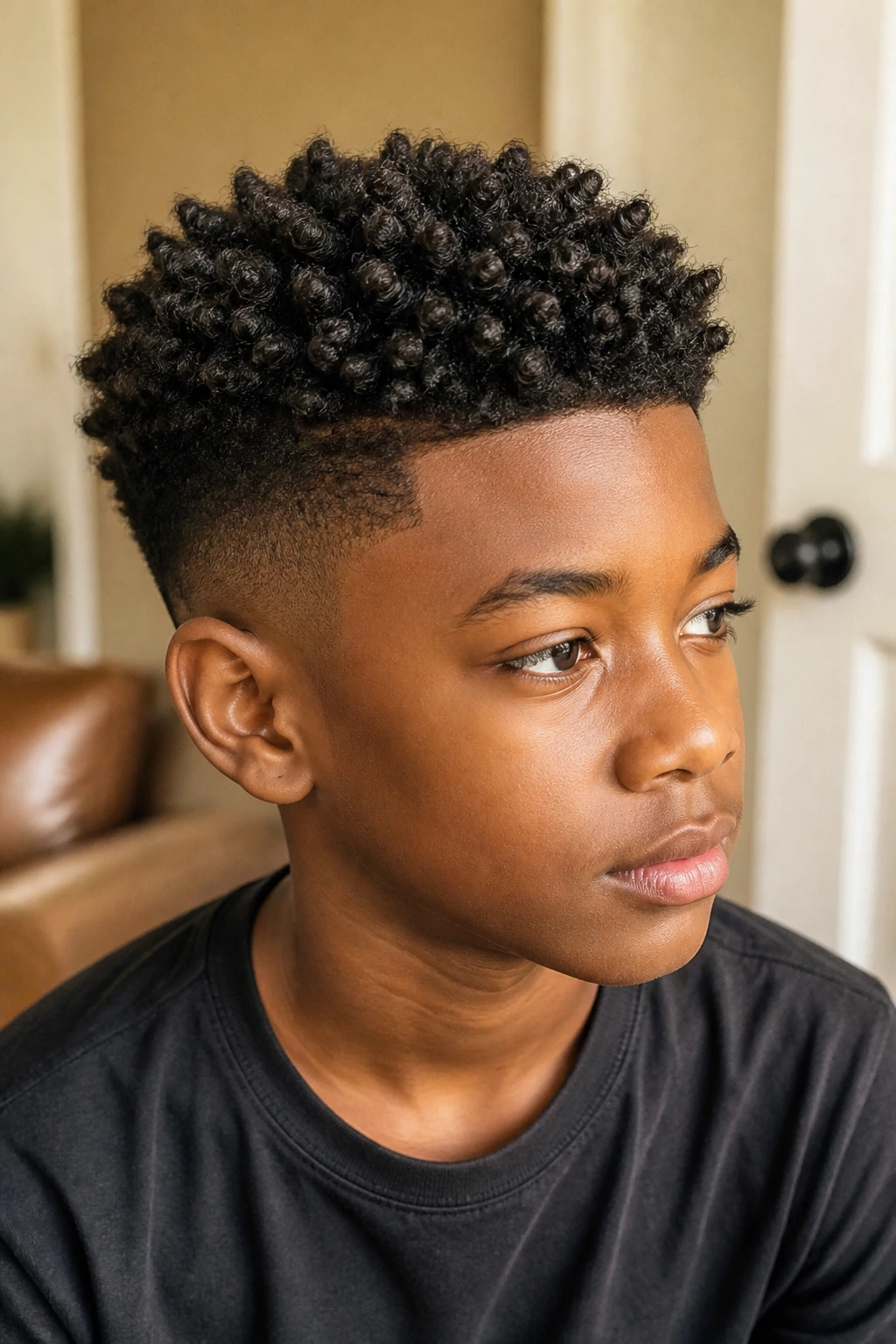 Real boy with sponge-twisted top curls, defined texture.