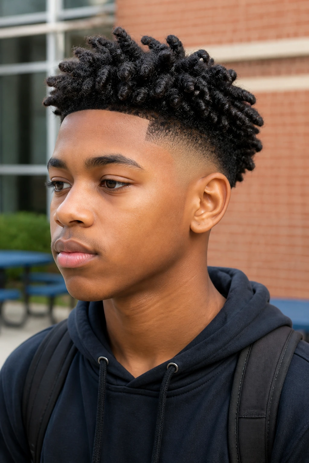 Portrait of a real Black boy with sponge twists and drop fade outdoors near a brick wall.