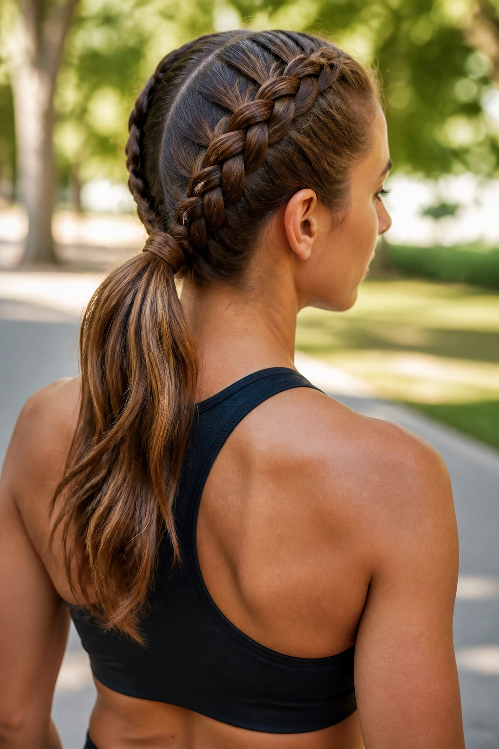 Woman with sport braids feeding into a ponytail outdoors.