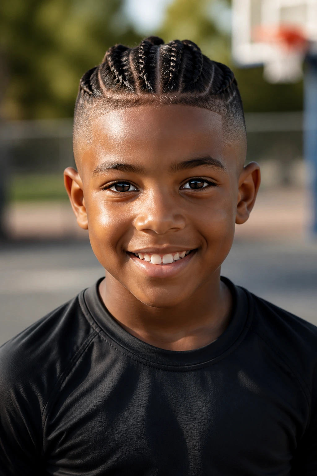 Boy with sport-ready braids demonstrating variations for different hair types.