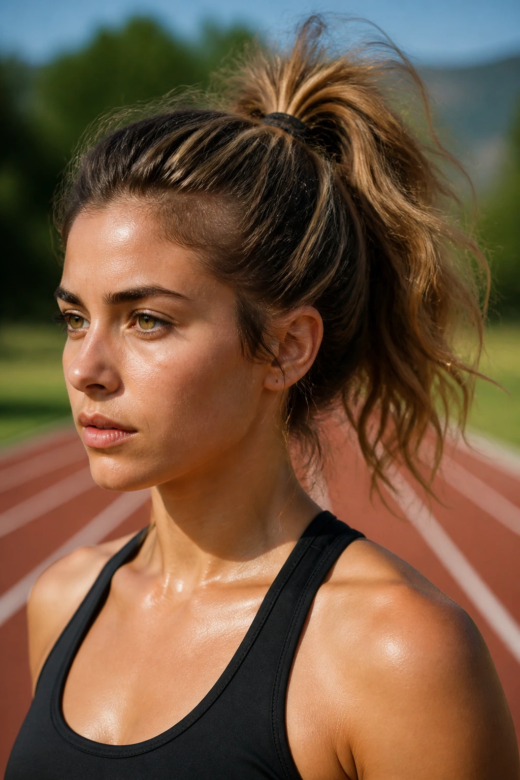Close-up of a real woman with a high messy ponytail outdoors