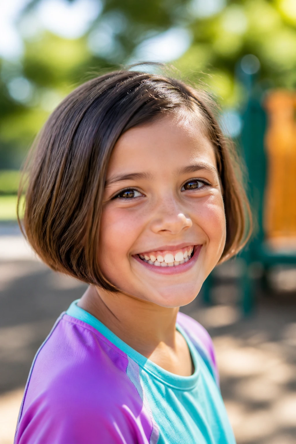 Close-up of a real child with a sporty no-fuss bob, ready for recess
