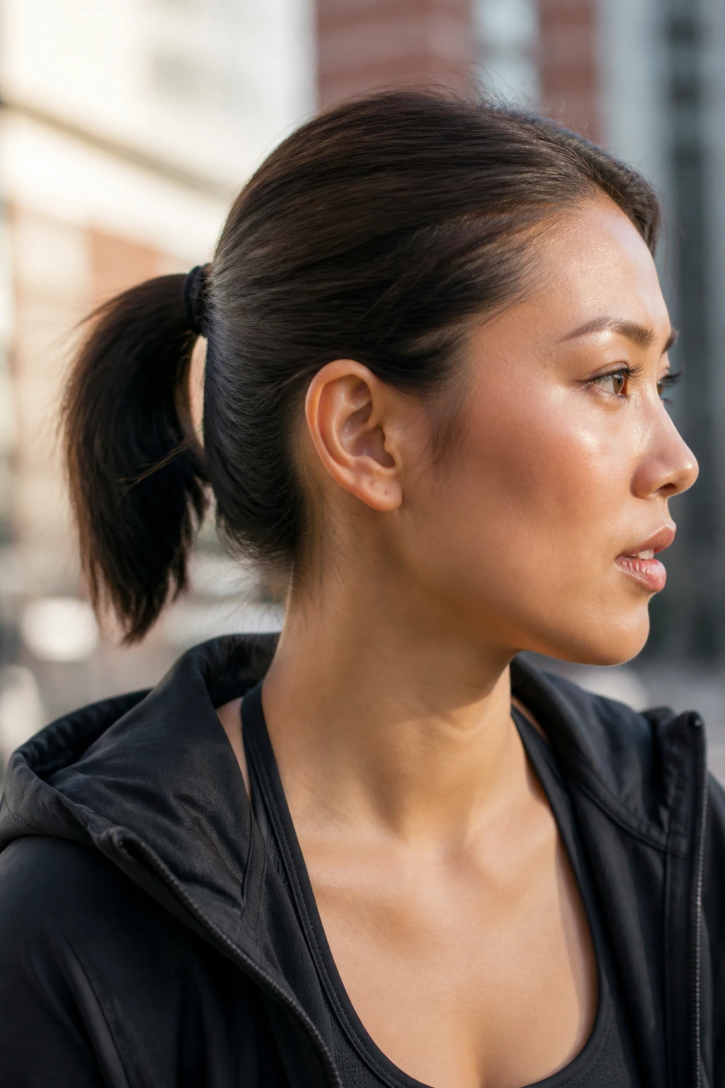 Close-up of a real person wearing a sporty ponytail