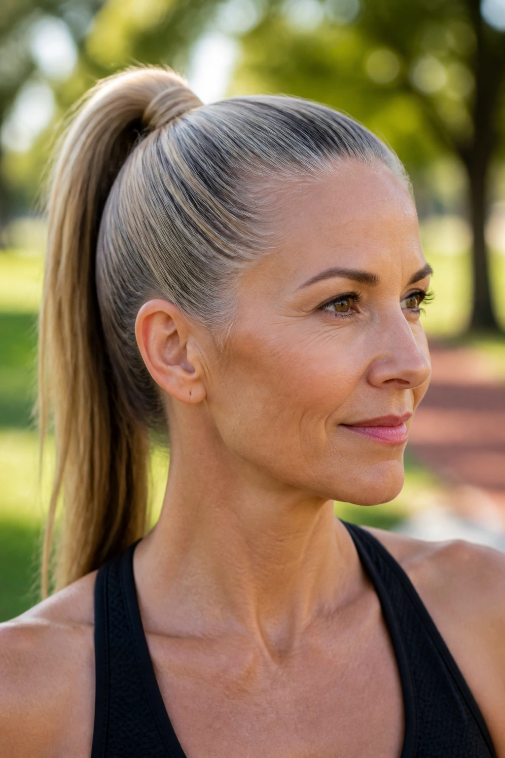 Close-up of a real woman with a sporty sleek high ponytail in a park