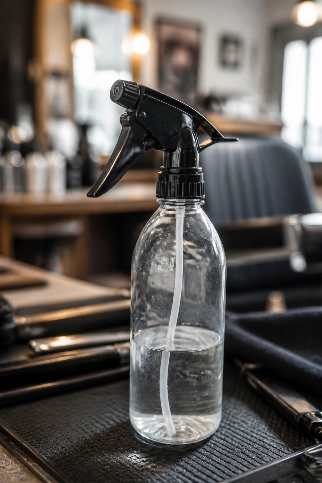 Close-up of a spray bottle at a barber station
