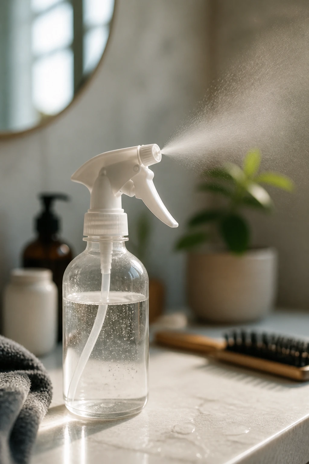Close-up of a spray bottle used for dampening kid curls.