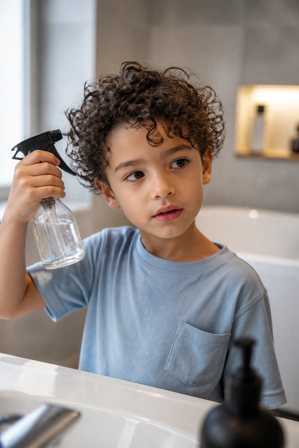 Close-up of a child with damp curls being spritzed with a spray bottle for styling.