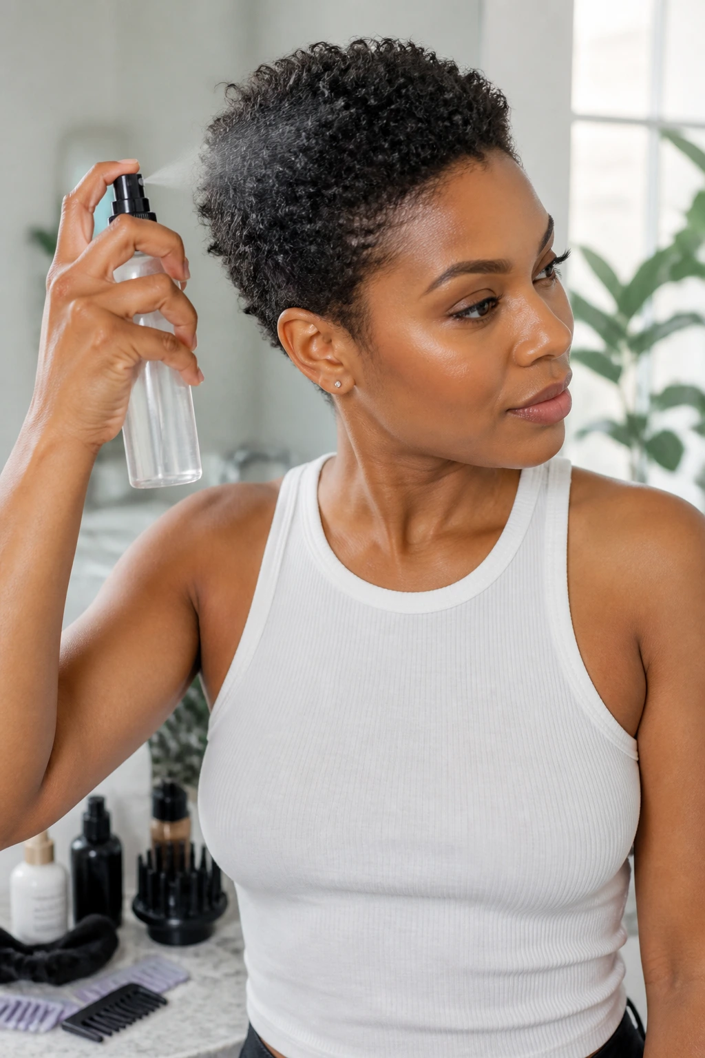Medium close-up of a woman misting short natural curls with a spray bottle in bright bathroom