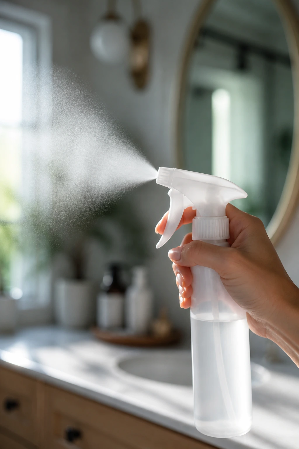 Close-up of a spray bottle used for styling in a bathroom
