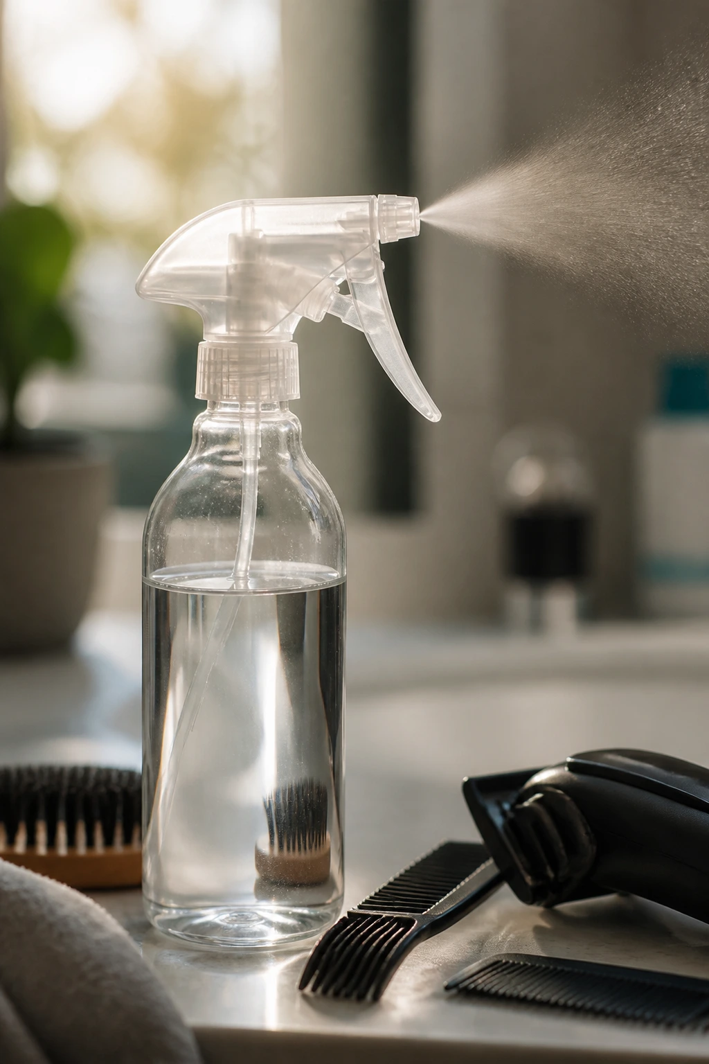 Spray bottle with water mist on a bathroom counter