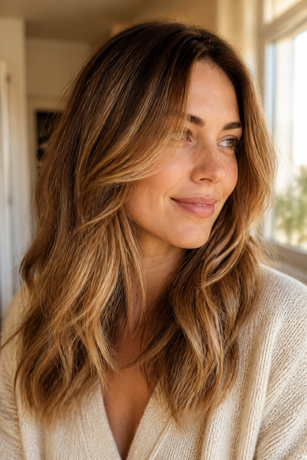 Close-up portrait of a real woman showing soft spring balayage ribbons in warm daylight