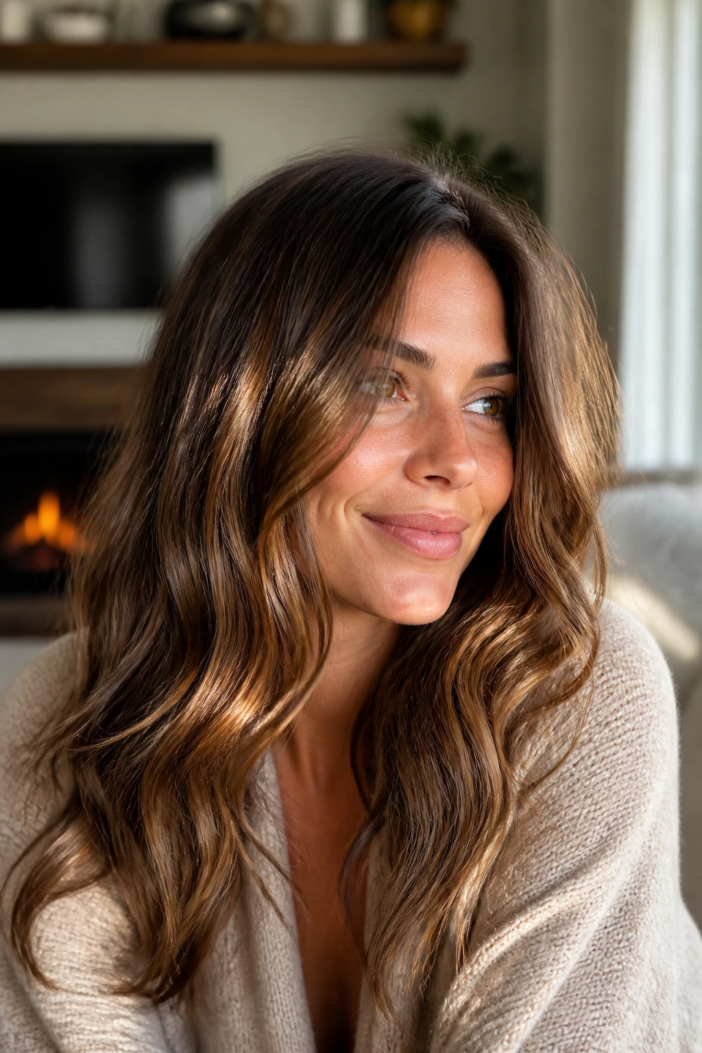 Close-up of a brunette with subtle balayage and warm lighting in a cozy living room