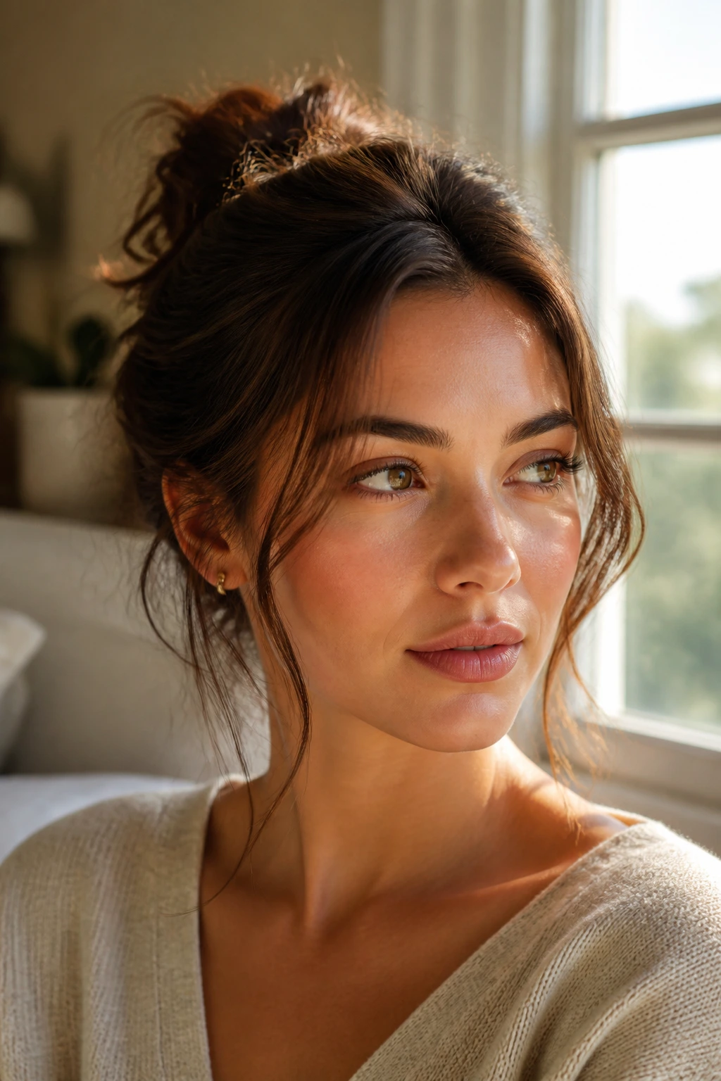 Close-up of a real woman with an effortless spring hairstyle featuring soft movement at the hairline