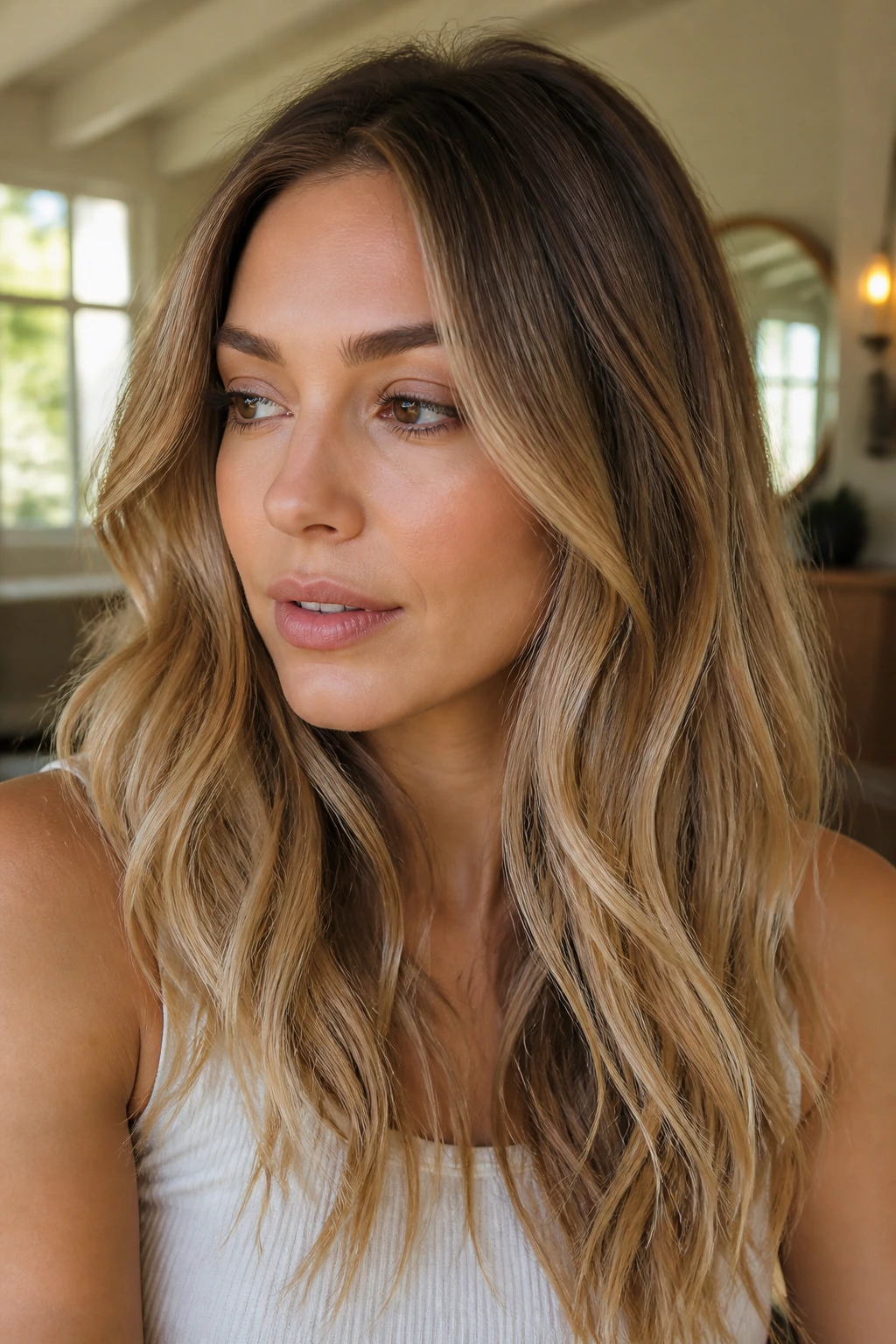 Close-up woman with soft spring hair shades, subtle root shadow and glossy ends in natural light